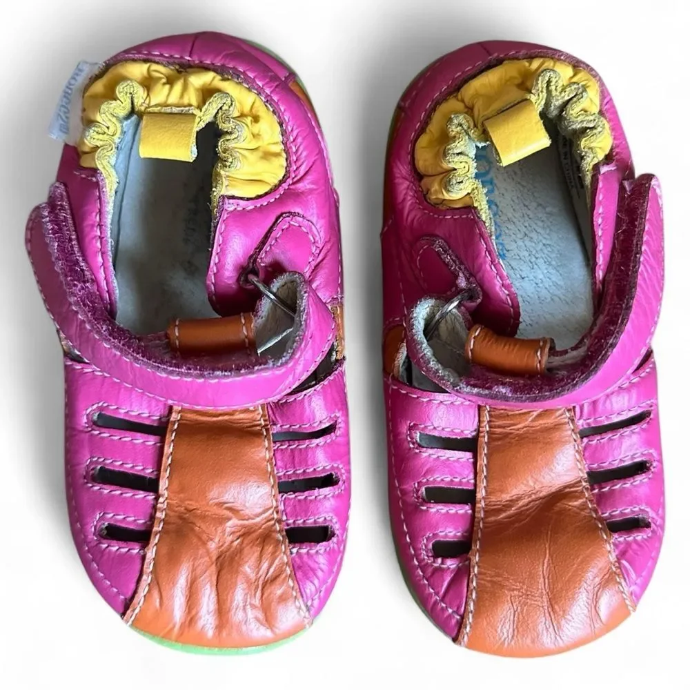 Robeez Pink Orange Leather Baby Sandals Size 12-16 Months Soft Sole